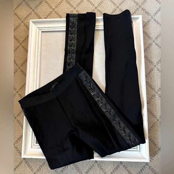 BCBG MaxAzria black leggings with faux leather side stripe with lacing NWOT S - Picture 2 of 6